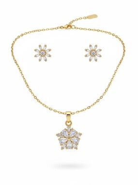 Gold Tone Stainless Steel Floral CZ Pendant Necklace and Stud Earrings Set